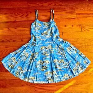 GAP A-Line Blue Smocked Back Tropical Print Blue Yellow Dress Women’s Size S